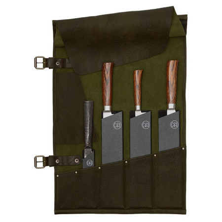 LEATHER KNIFE ROLL - 5 POCKETS WITLOFT (GREEN/COGNAC)